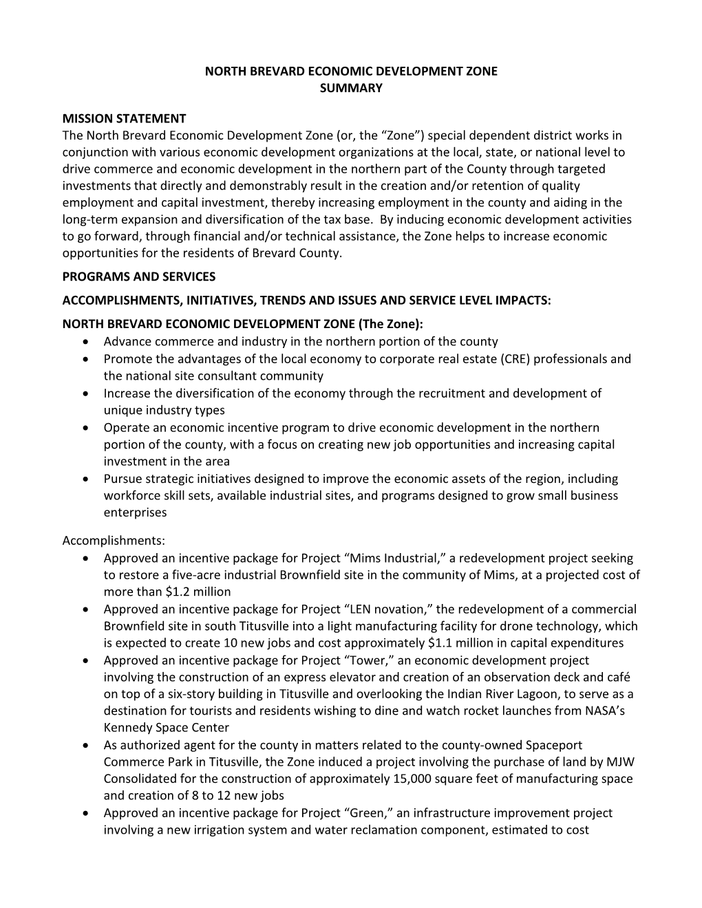 North Brevard Economic Development Zone Summary