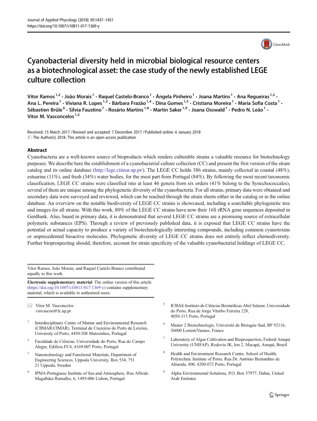 Cyanobacterial Diversity Held in Microbial Biological Resource Centers As a Biotechnological Asset: the Case Study of the Newly Established LEGE Culture Collection