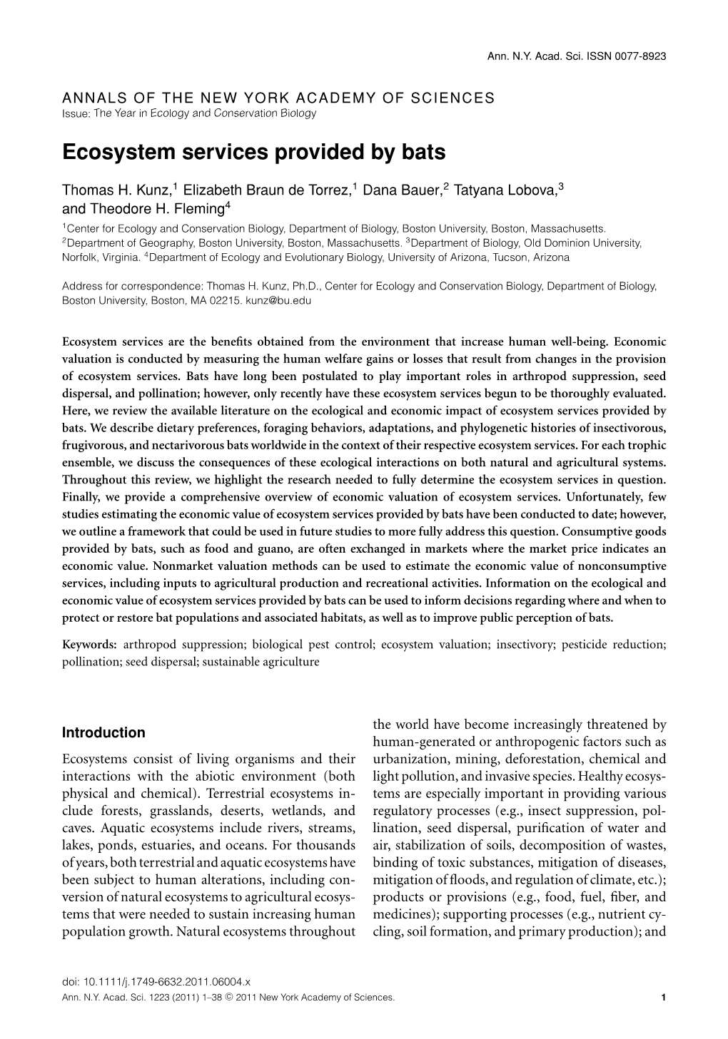 Ecosystem Services Provided by Bats