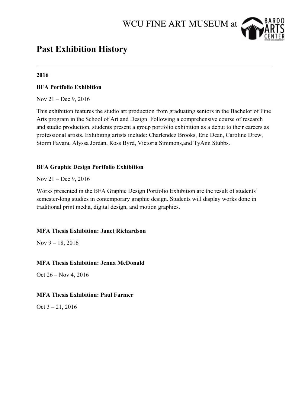 WCU FINE ART MUSEUM at Past Exhibition History