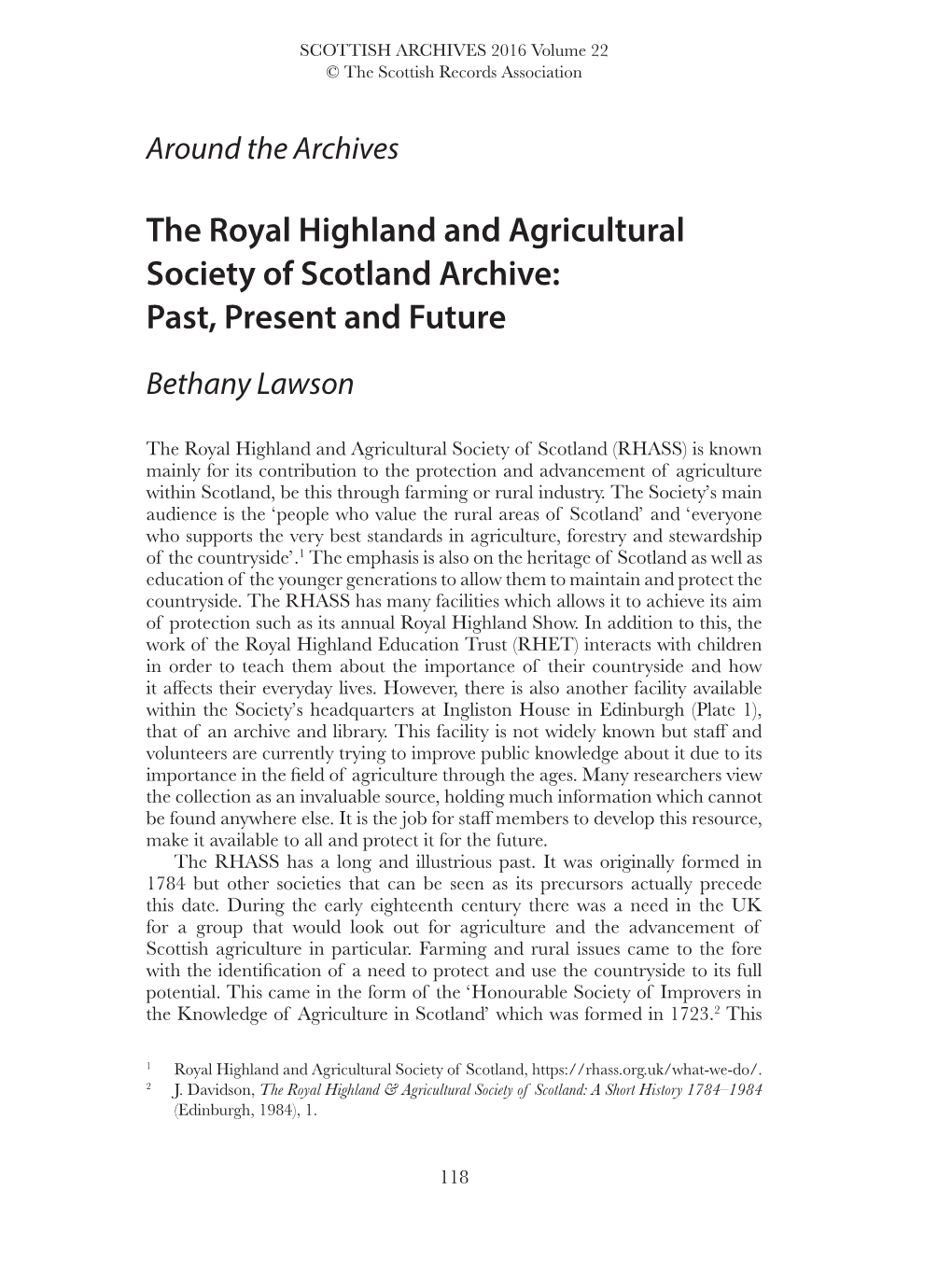 The Royal Highland and Agricultural Society of Scotland Archive: Past, Present and Future