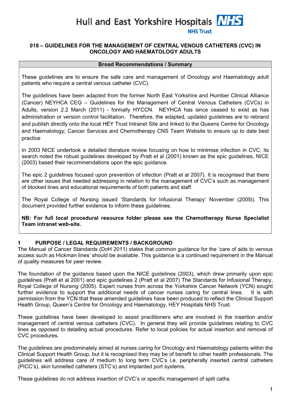 018 – Guidelines for the Management of Central Venous Catheters (Cvc) in Oncology and Haematology Adults