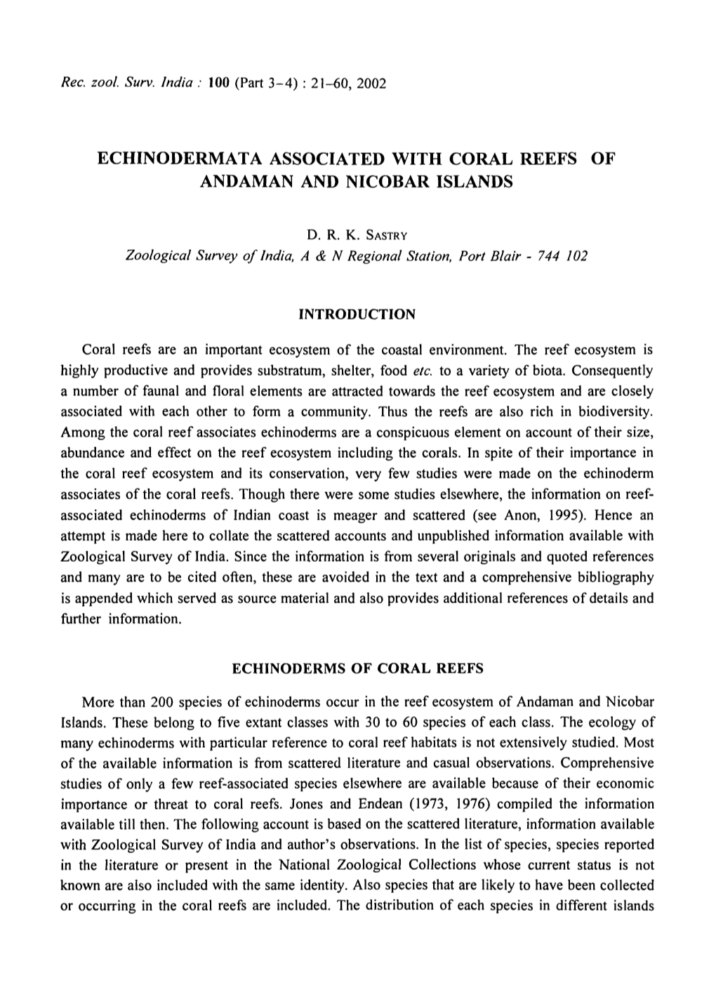 Echinodermata Associated with Coral Reefs of Andaman and Nicobar Islands