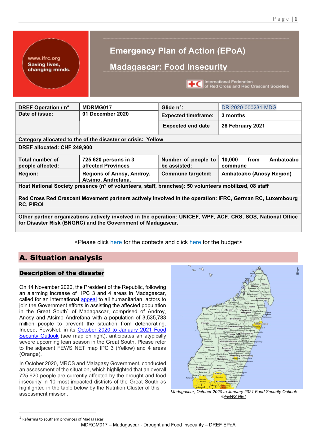 Emergency Plan of Action (Epoa) Madagascar: Food Insecurity