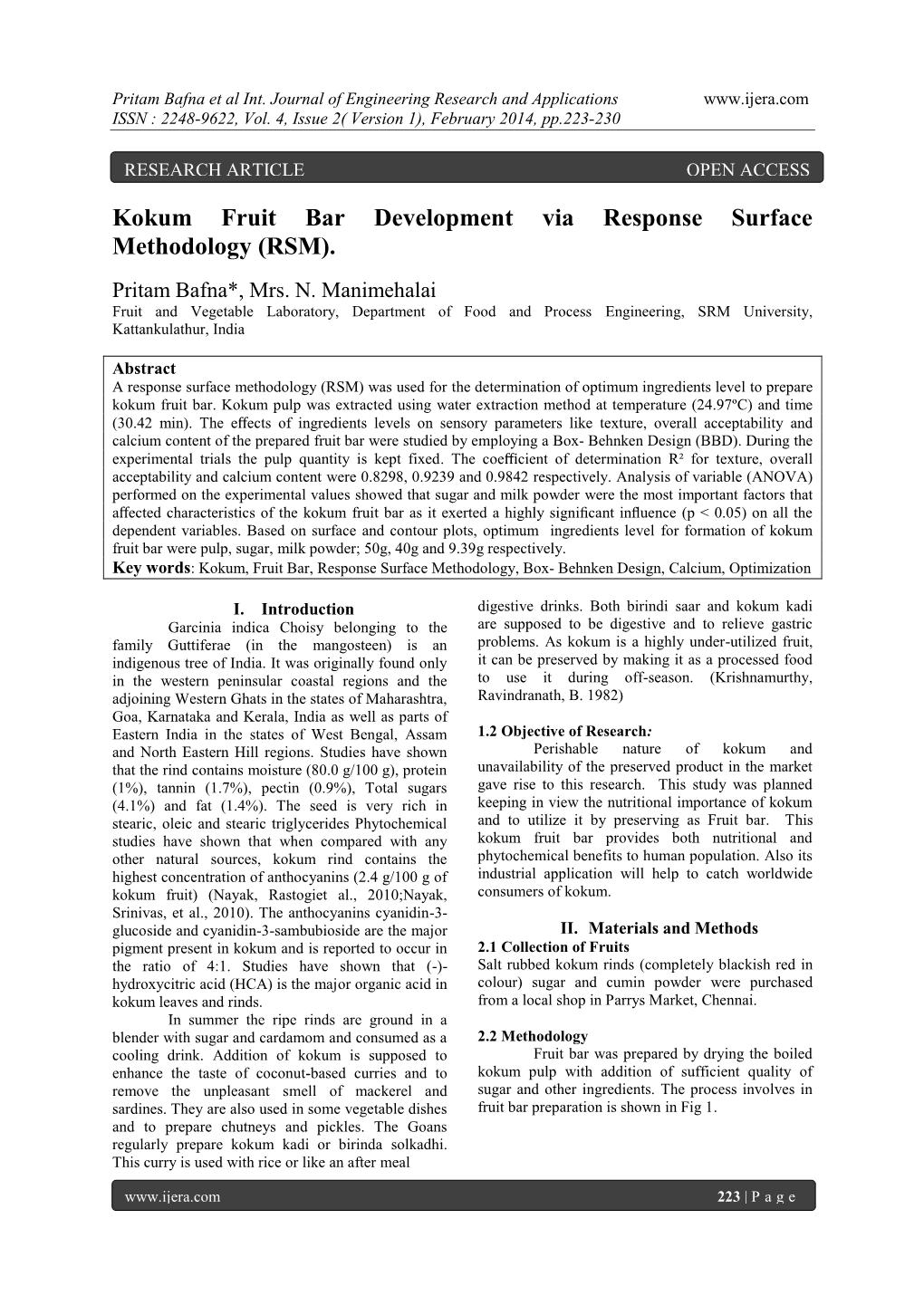 Kokum Fruit Bar Development Via Response Surface Methodology (RSM)