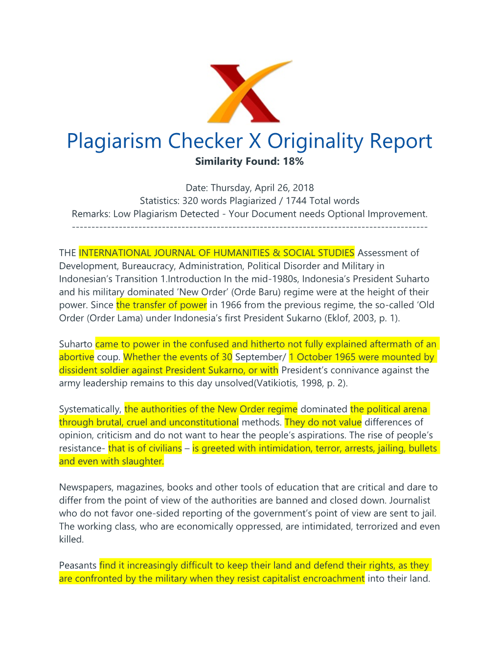 Plagiarism Checker X Originality Report Similarity Found: 18%