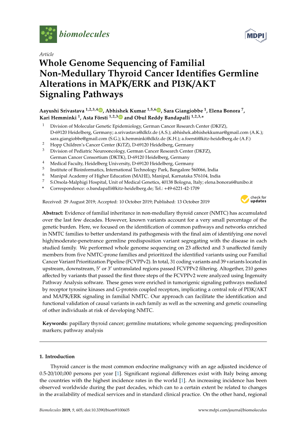 Whole Genome Sequencing of Familial Non-Medullary Thyroid Cancer Identiﬁes Germline Alterations in MAPK/ERK and PI3K/AKT Signaling Pathways