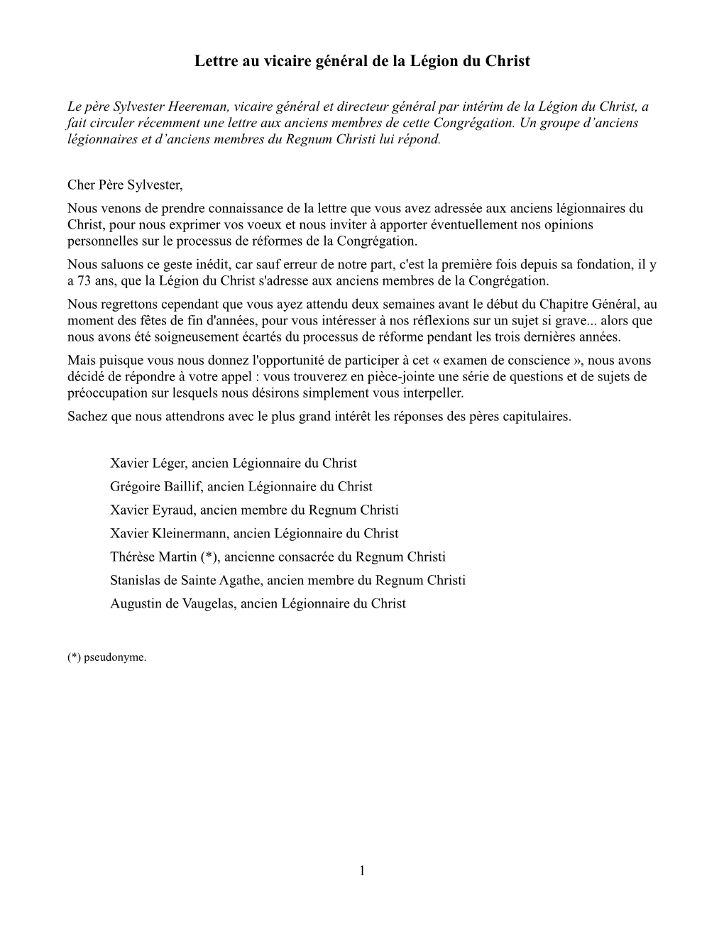 Lettre Au Vicaire Général De La Légion Du Christ