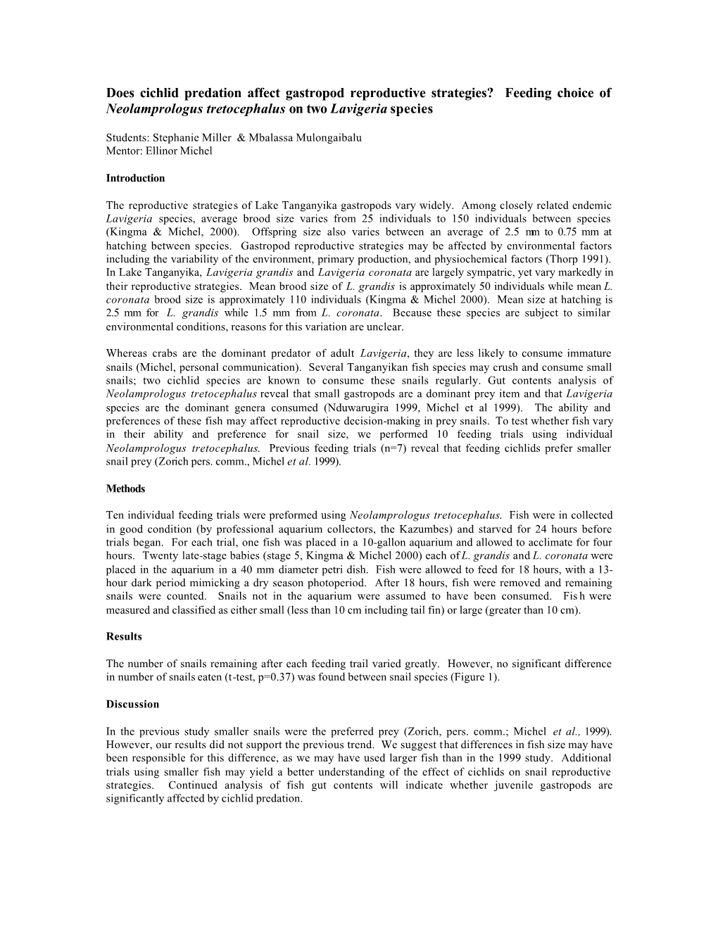 Does Cichlid Predation Affect Gastropod Reproductive Strategies? Feeding Choice of Neolamprologus Tretocephalus on Two Lavigeria Species