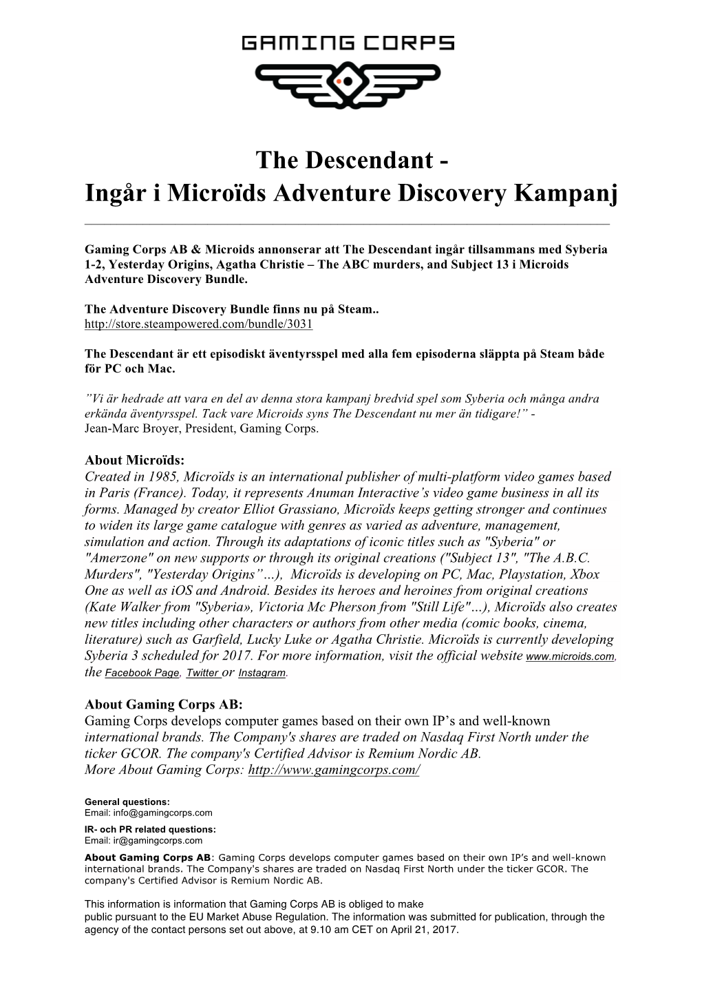 The Descendant - Ingår I Microïds Adventure Discovery Kampanj ______