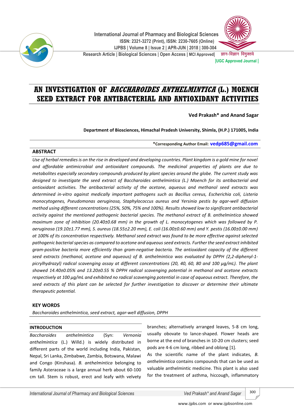 An Investigation of Baccharoides Anthelmintica (L.) Moench Seed Extract for Antibacterial and Antioxidant Activities