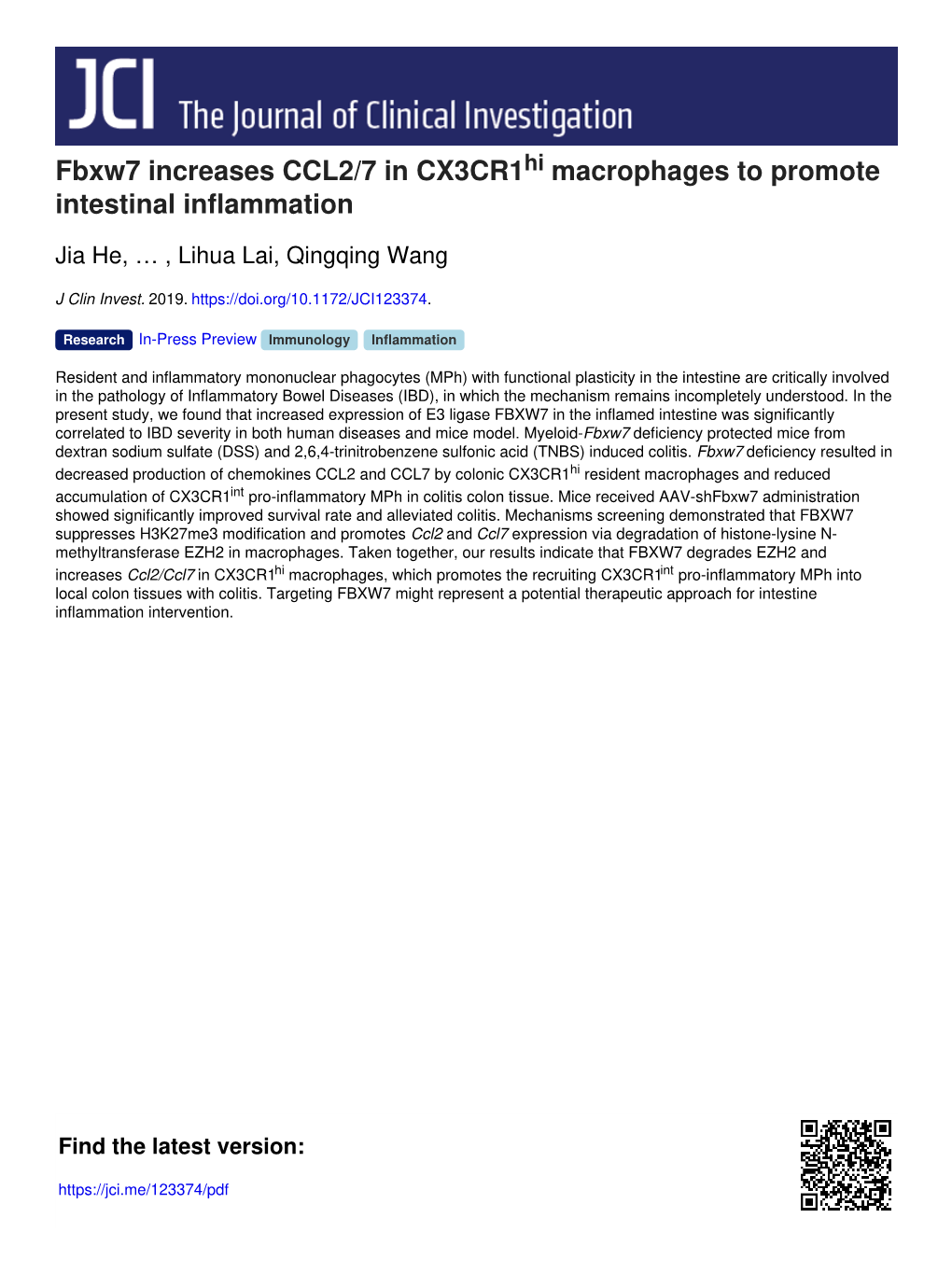 Fbxw7 Increases CCL2/7 in CX3CR1 Macrophages to Promote Intestinal Inflammation