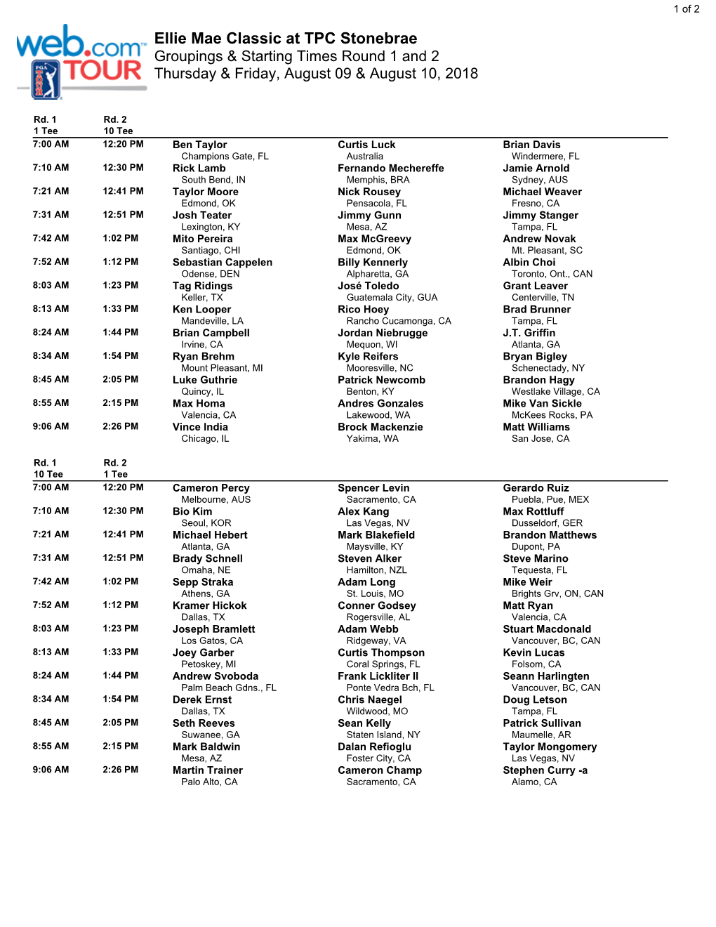 Ellie Mae Classic at TPC Stonebrae Groupings & Starting Times Round 1 and 2 Thursday & Friday, August 09 & August 10, 2018