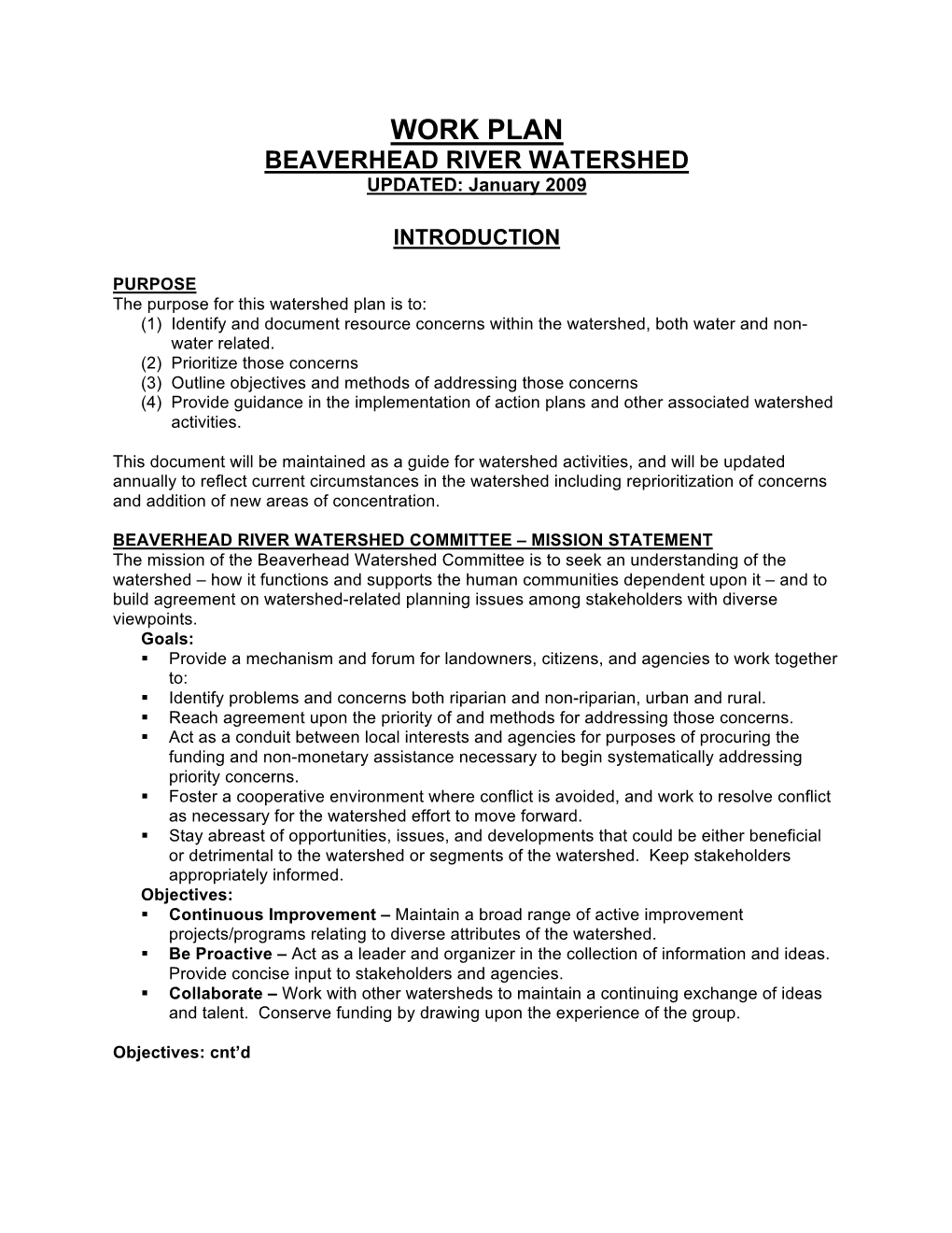 WORK PLAN BEAVERHEAD RIVER WATERSHED UPDATED: January 2009