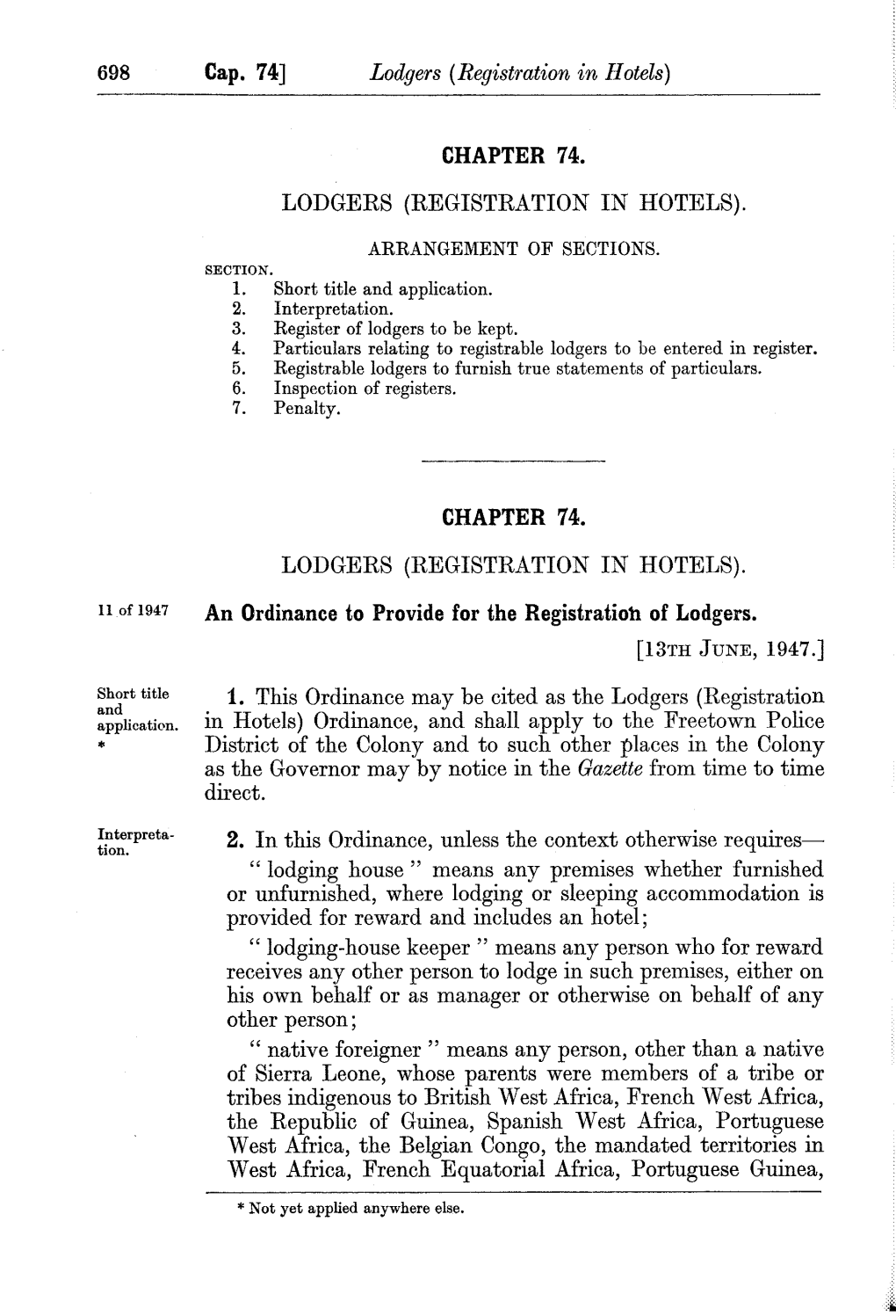 The Lodgers (Registration in Hotels) Ordinance, 1947