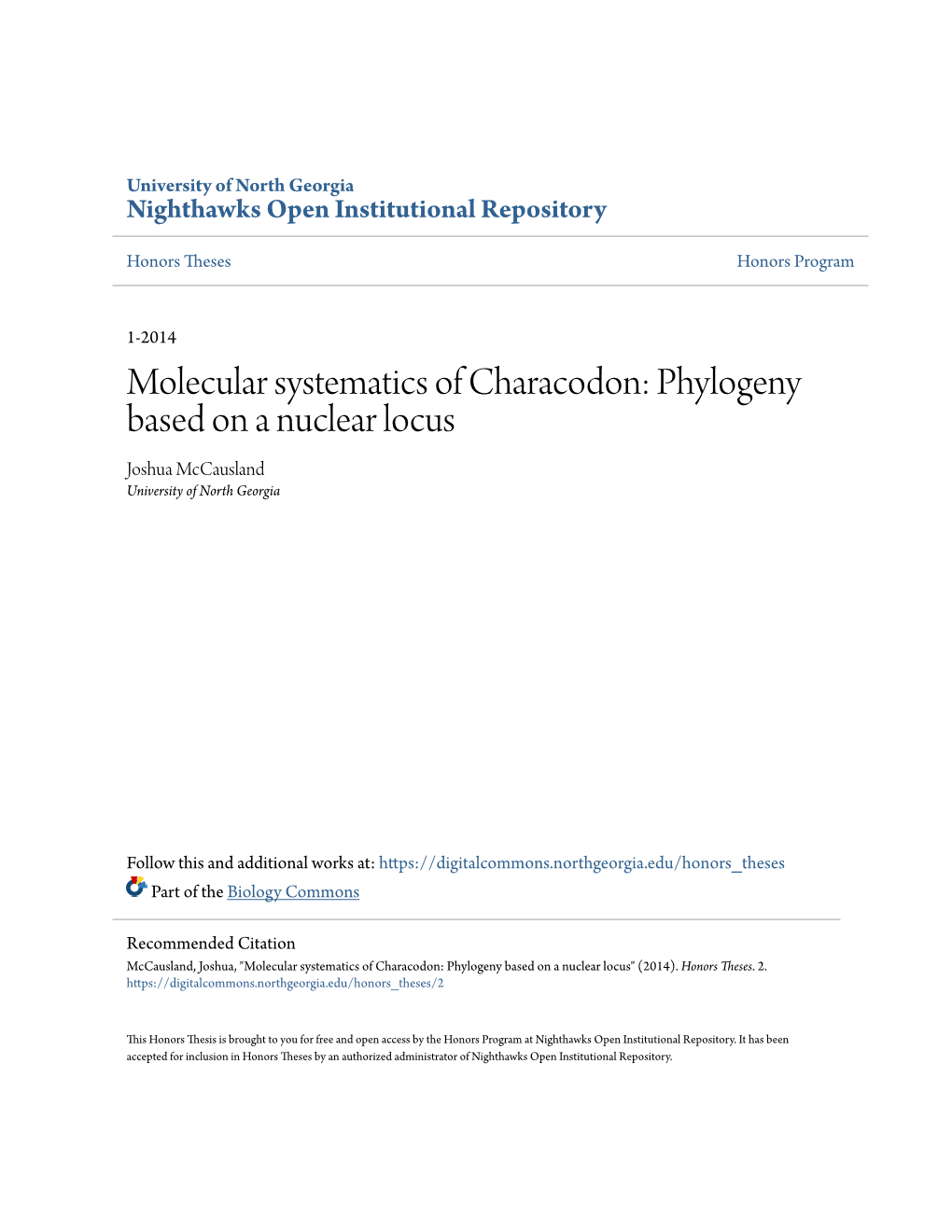 Molecular Systematics of Characodon: Phylogeny Based on a Nuclear Locus Joshua Mccausland University of North Georgia