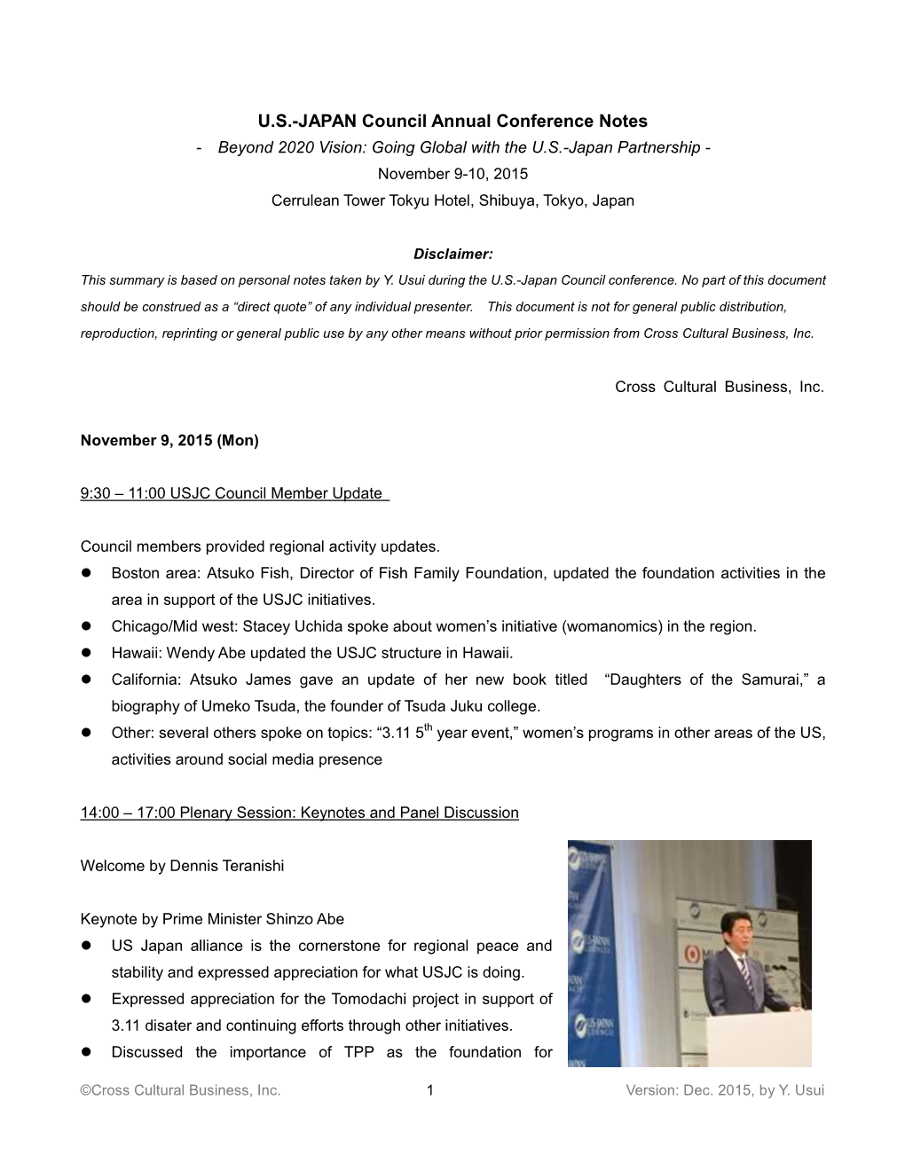 US-JAPAN Council Annual Conference Notes