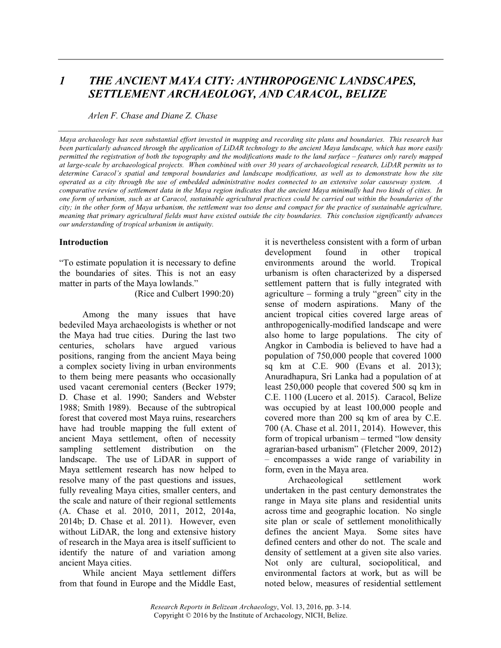 1 the Ancient Maya City: Anthropogenic Landscapes, Settlement Archaeology, and Caracol, Belize