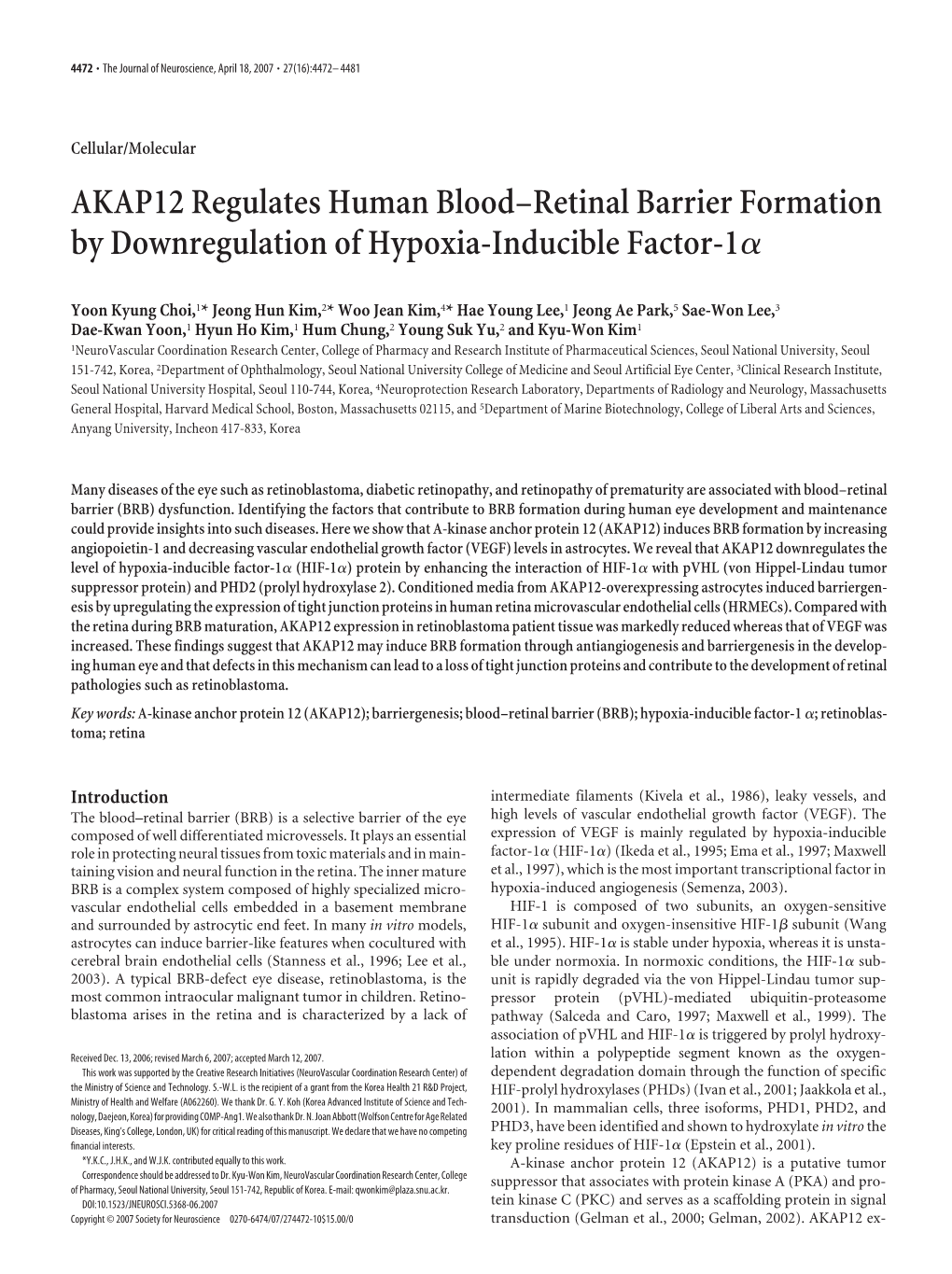 AKAP12 Regulates Human Blood–Retinal Barrier Formation by Downregulation of Hypoxia-Inducible Factor-1Α