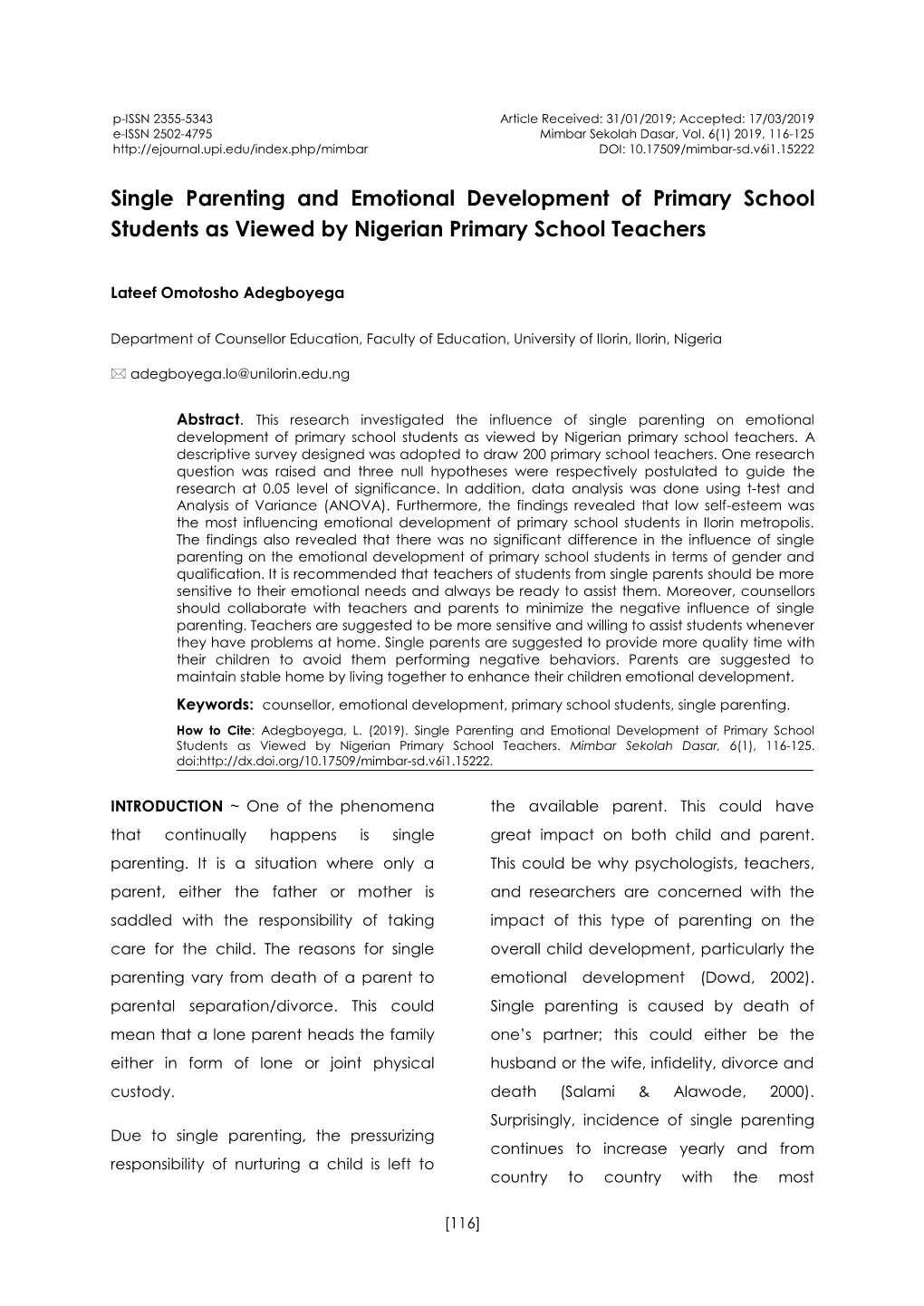 Single Parenting and Emotional Development of Primary School Students As Viewed by Nigerian Primary School Teachers