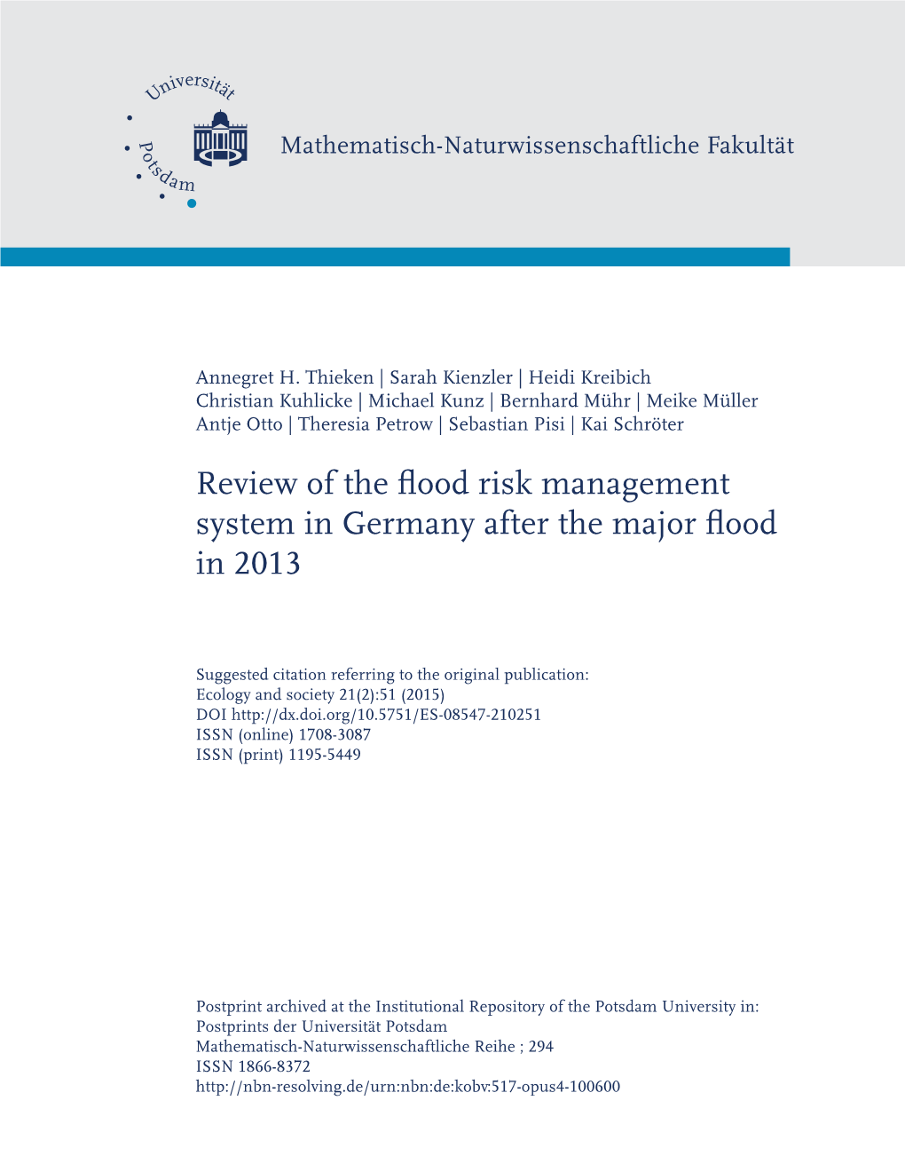 Review of the Flood Risk Management System in Germany After the Major Flood in 2013