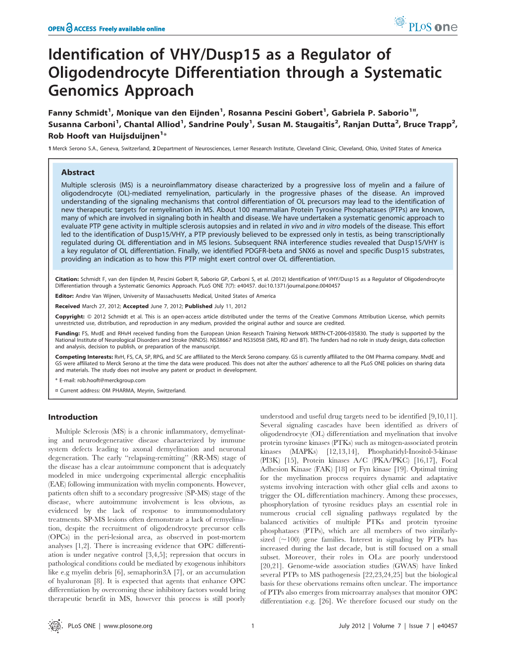 Identification of VHY/Dusp15 As a Regulator of Oligodendrocyte Differentiation Through a Systematic Genomics Approach