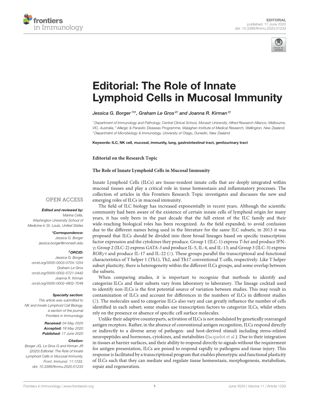 Editorial: the Role of Innate Lymphoid Cells in Mucosal Immunity