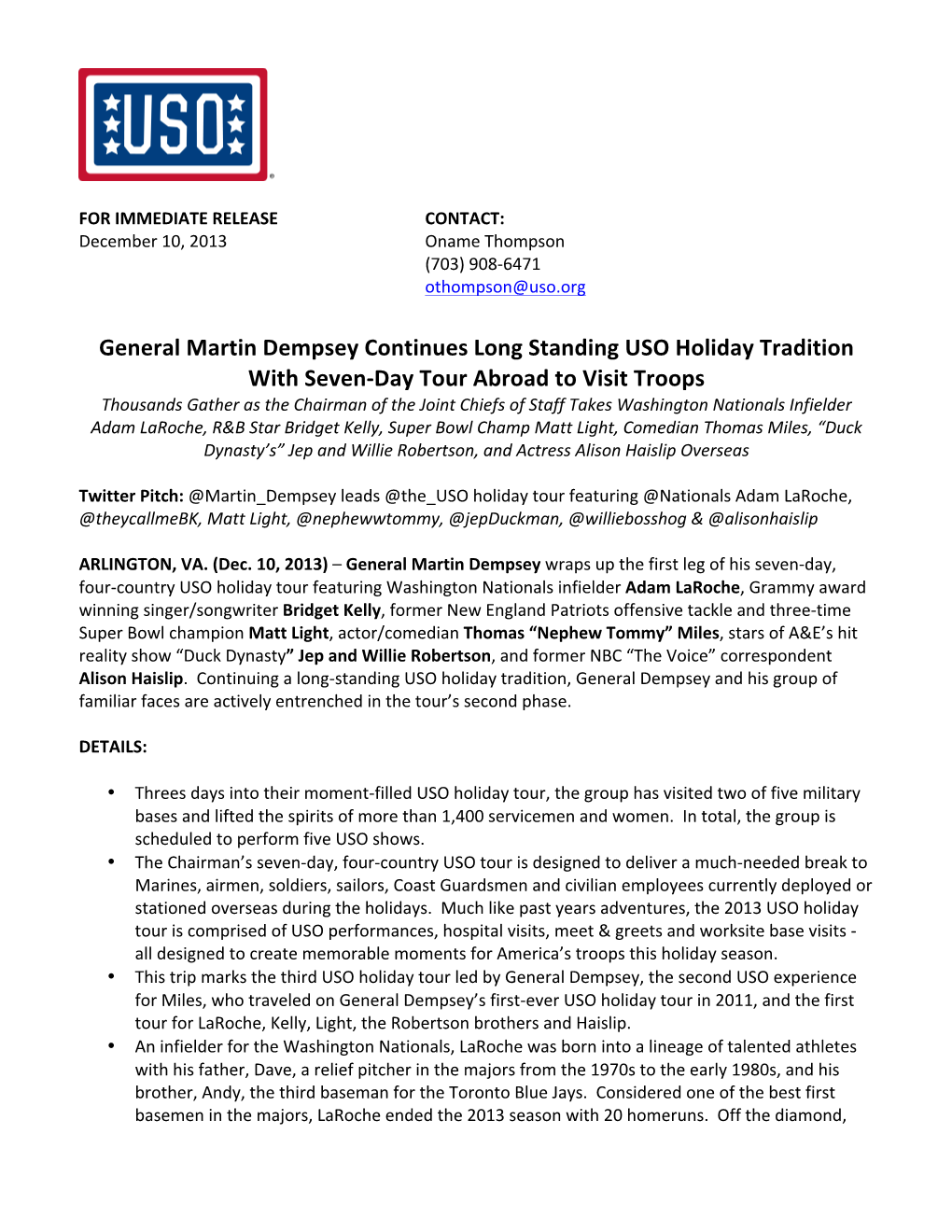 General Martin Dempsey Continues Long Standing USO Holiday Tradition with Seven-‐Da