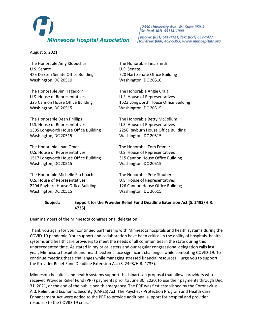 Letters and Our Regular Congressional Delegation Calls Last Year, Minnesota Hospitals and Health Systems Face Significant Challenges While Combating COVID-19