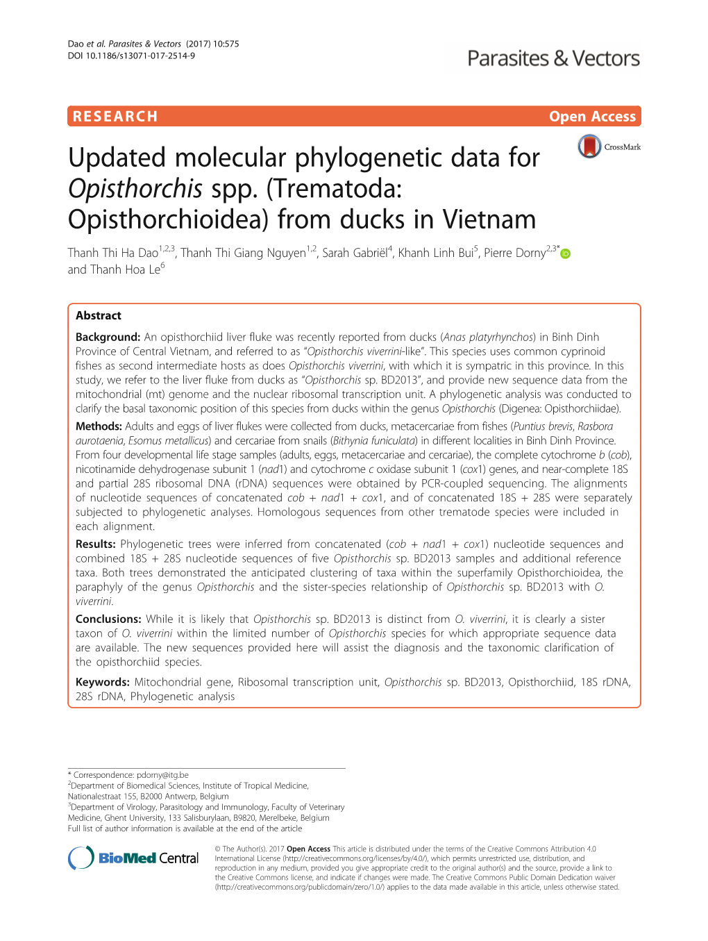 Updated Molecular Phylogenetic Data for Opisthorchis Spp