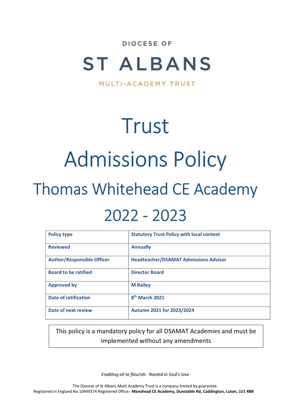 Thomas Whitehead Admission Policy 2022 to 2023