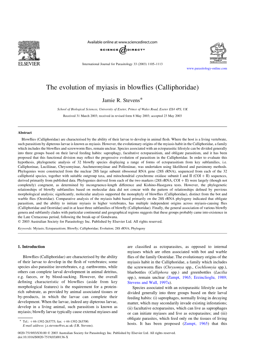 The Evolution of Myiasis in Blowflies (Calliphoridae)