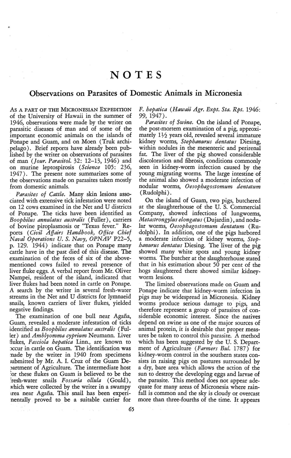 Observations on Parasites of Domestic Animals in Micronesia