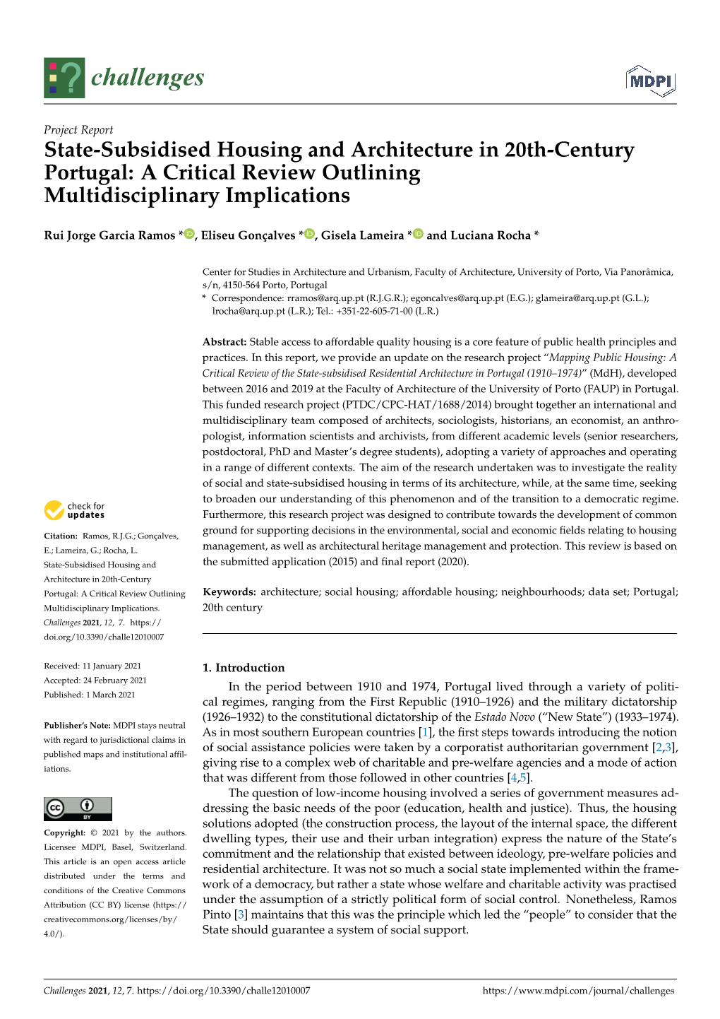 State-Subsidised Housing and Architecture in 20Th-Century Portugal: a Critical Review Outlining Multidisciplinary Implications