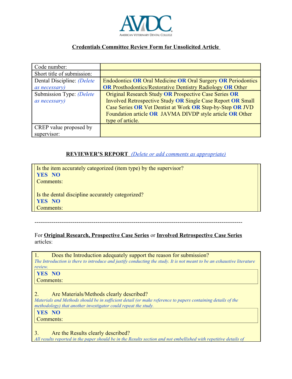 Credentials Committee Review Form for Unsolicited Article