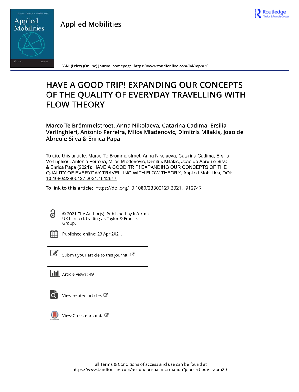 Expanding Our Concepts of the Quality of Everyday Travelling with Flow Theory