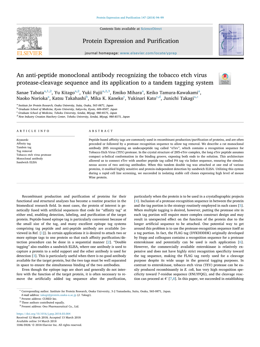 An Anti-Peptide Monoclonal Antibody Recognizing the Tobacco Etch Virus T Protease-Cleavage Sequence and Its Application to a Tandem Tagging System