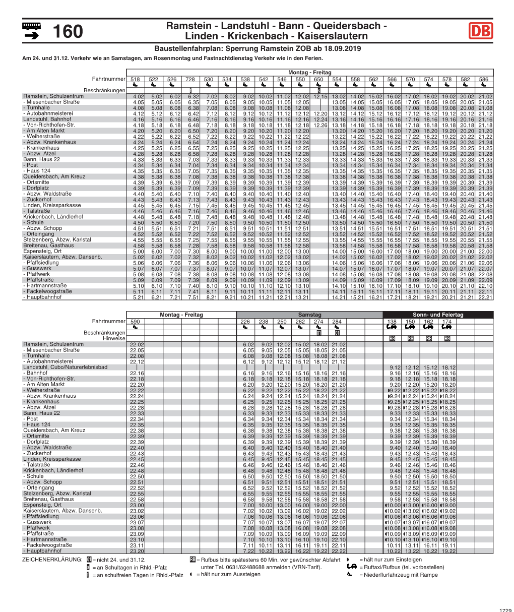 Landstuhl - Bann - Queidersbach - 160 Linden - Krickenbach - Kaiserslautern Baustellenfahrplan: Sperrung Ramstein ZOB Ab 18.09.2019 Am 24