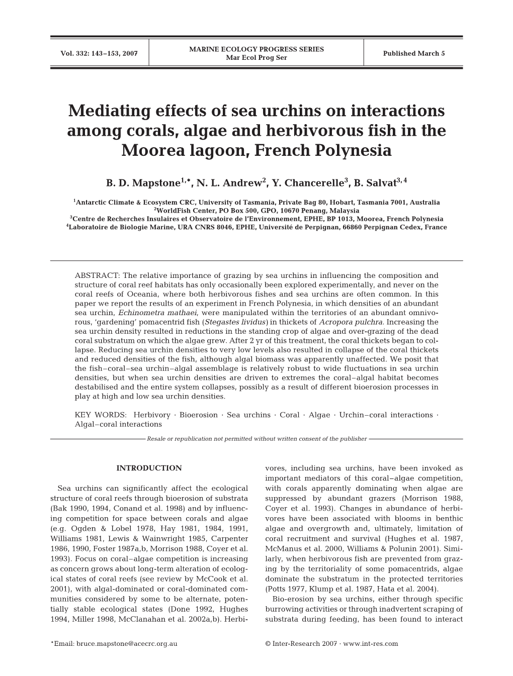 Mediating Effects of Sea Urchins on Interactions Among Corals, Algae and Herbivorous Fish in the Moorea Lagoon, French Polynesia