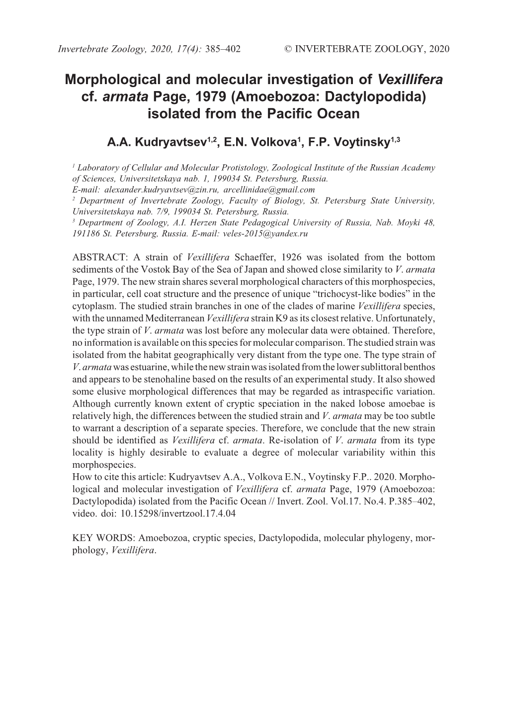 Morphological and Molecular Investigation of Vexillifera Cf. Armata Page, 1979 (Amoebozoa: Dactylopodida) Isolated from the Pacific Ocean