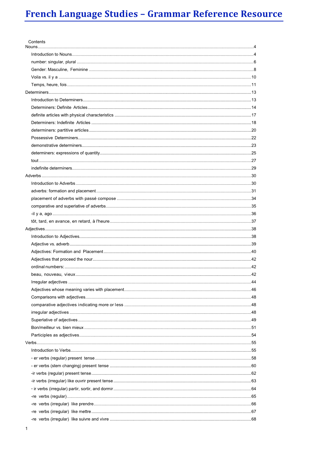 French Language Studies – Grammar Reference Resource