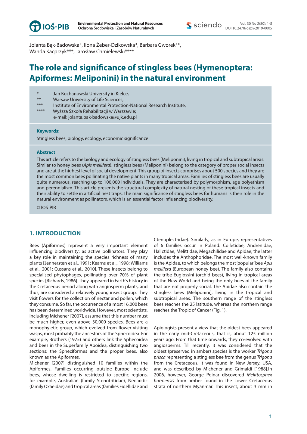 The Role and Significance of Stingless Bees (Hymenoptera: Apiformes: Meliponini) in the Natural Environment