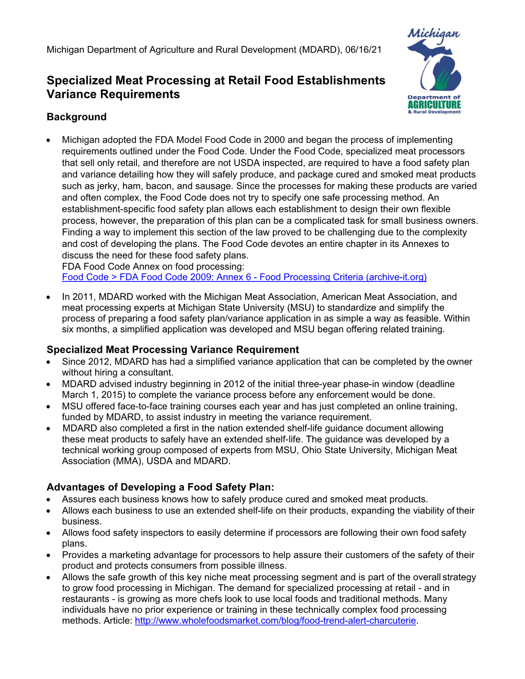 Specialized Meat Processing at Retail Food Establishments Variance Requirements