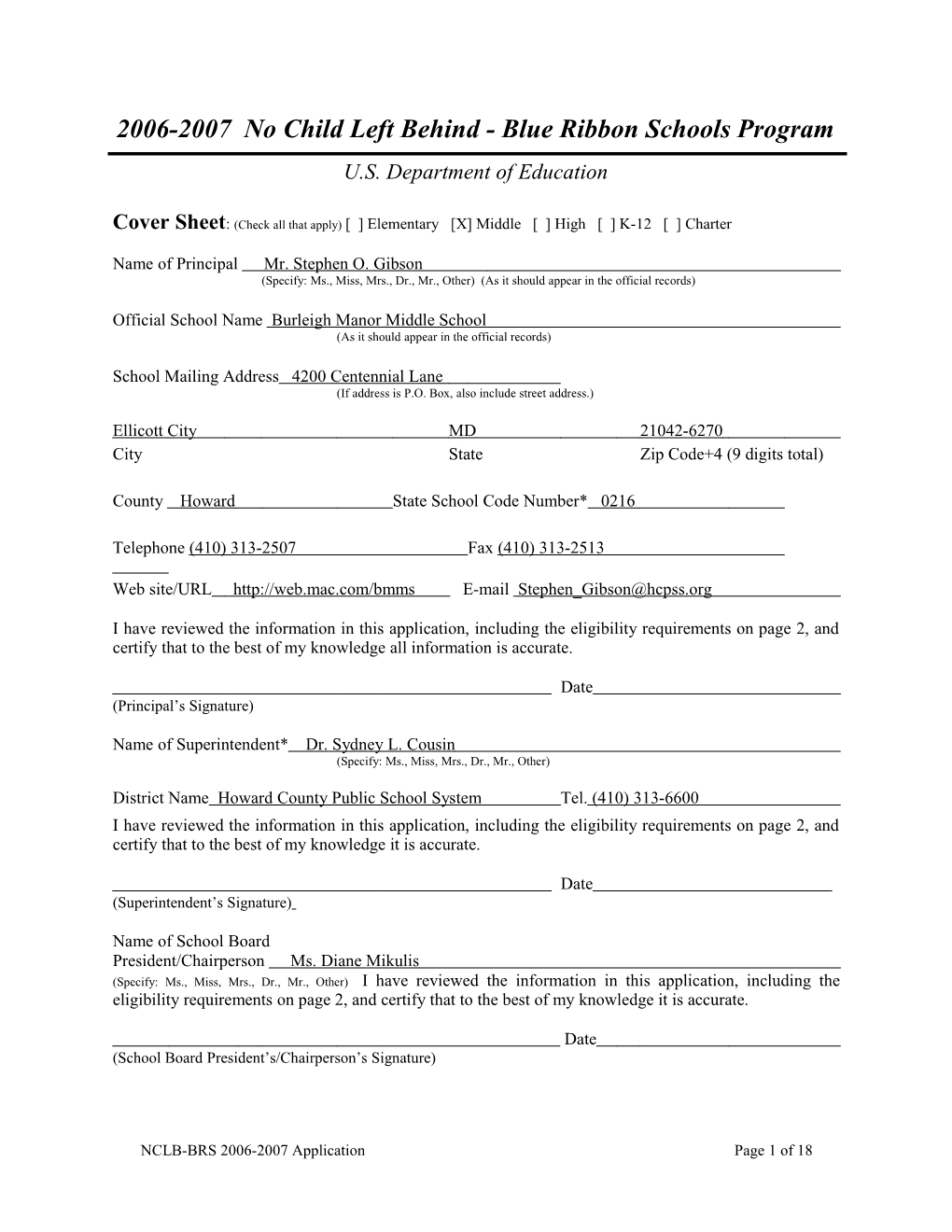 Application: 2006-2007, No Child Left Behind - Blue Ribbon Schools Program (MS Word) s2