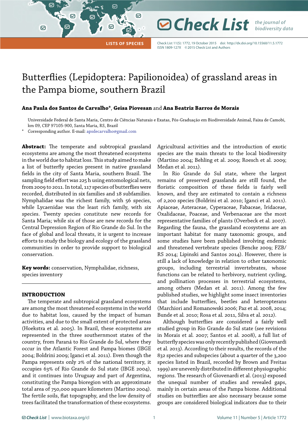 Butterflies (Lepidoptera: Papilionoidea) of Grassland Areas in the Pampa Biome, Southern Brazil