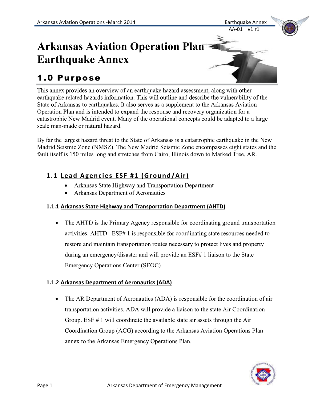 Arkansas Aviation Operation Plan Earthquake Annex