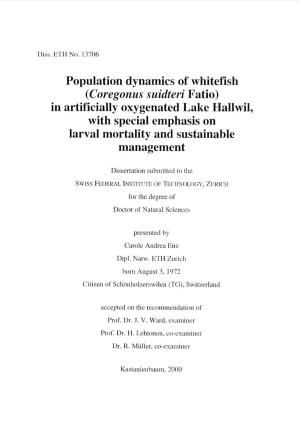 Population Dynamics of Whitefish ( Coregonus Suidteri Fatio) in Artificially Oxygenated Lake Hallwil, with Special Emphasis on L