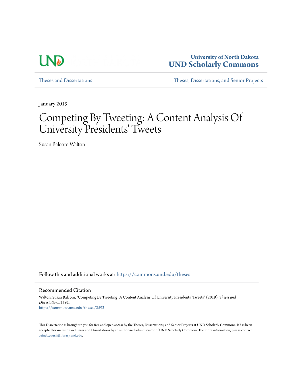 A Content Analysis of University Presidents' Tweets Susan Balcom Walton