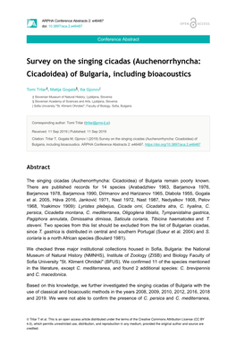 Survey on the Singing Cicadas (Auchenorrhyncha: Cicadoidea) of Bulgaria, Including Bioacoustics