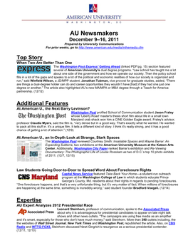 AU Newsmakers December 9–16, 2011 Prepared by University Communications for Prior Weeks, Go To